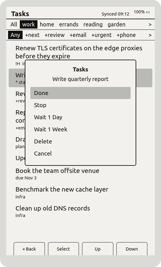 Actions for a task: Done, Stop, Wait, Delete