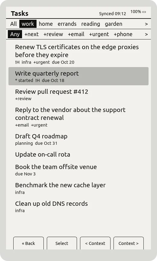 Task list filtered by the work context